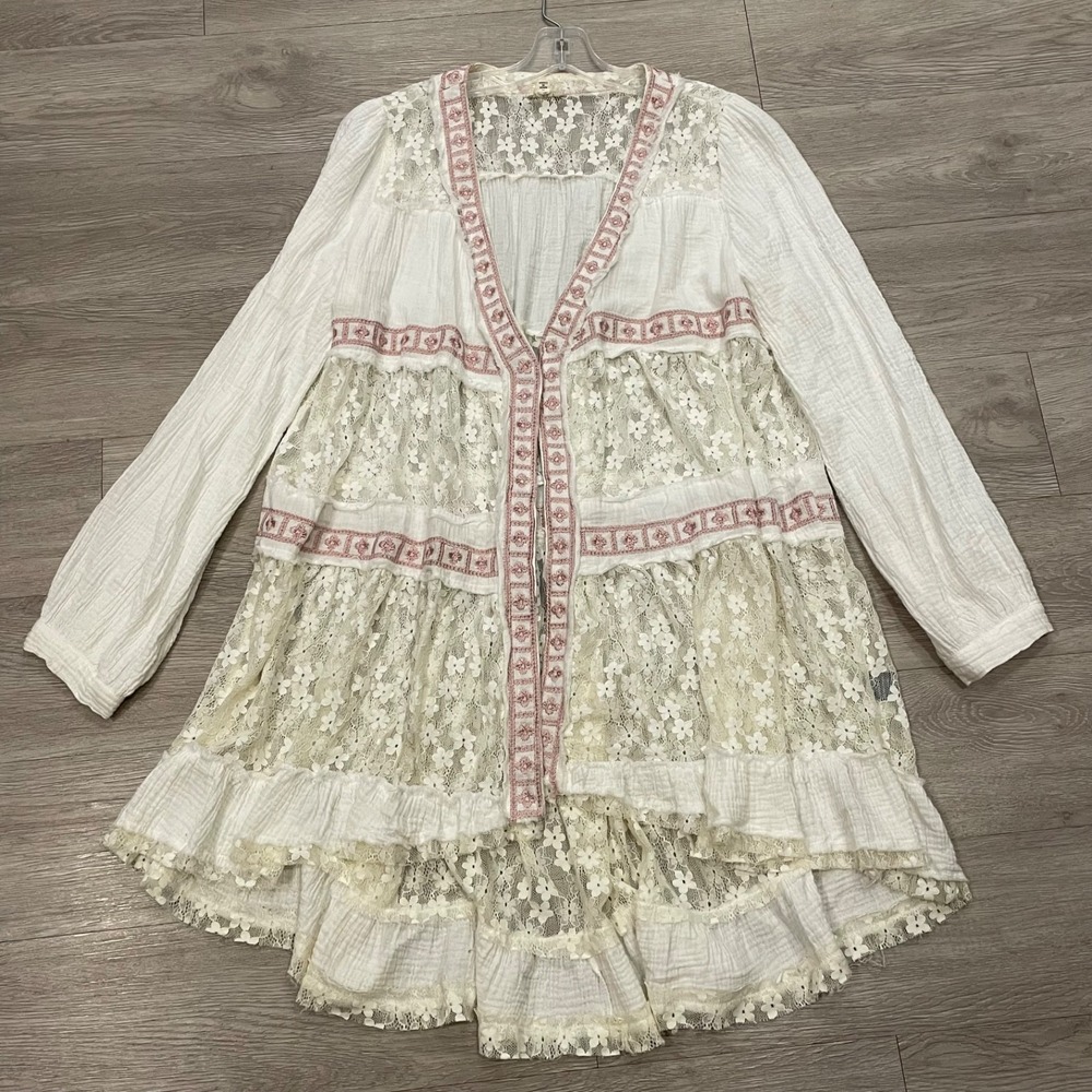 Womens Cardigan Lace Boho Duster Tiered CottageCore Lagenlook Embroidery Small